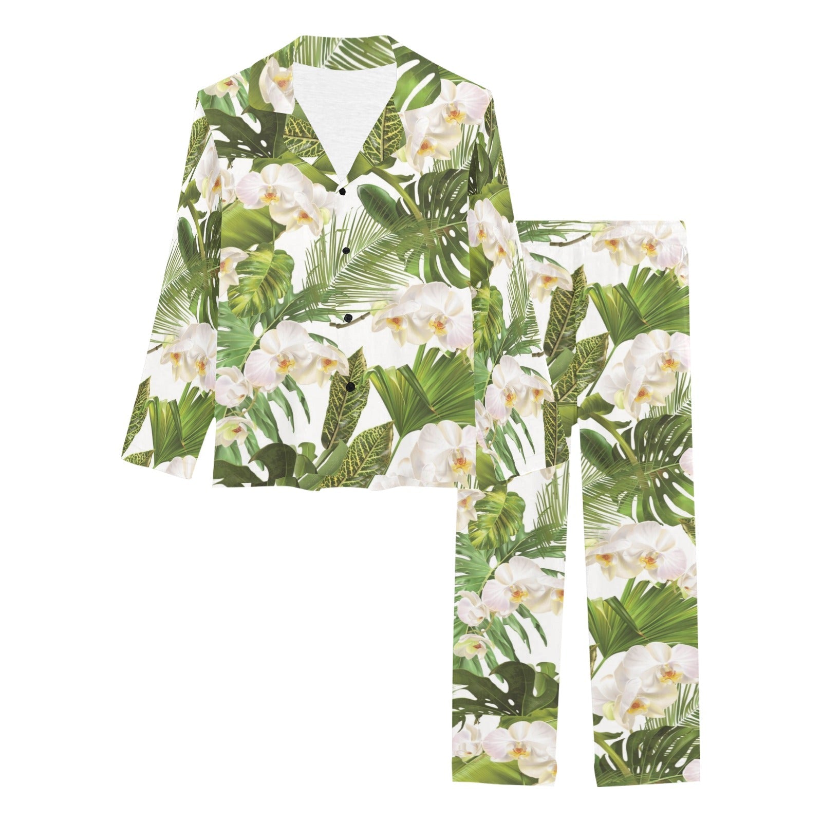 White orchid flower tropical leaves pattern Women's Long Pajama Set