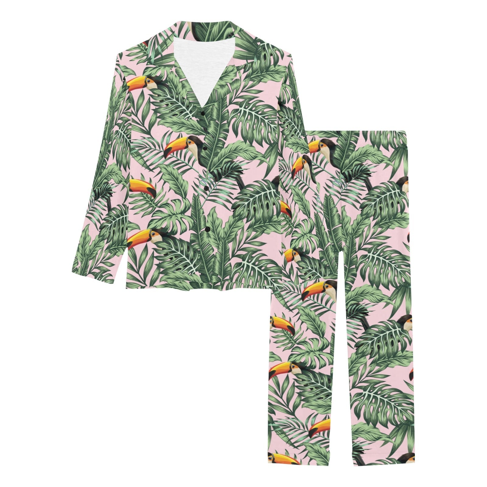 Toucan tropical green jungle palm pattern Women's Long Pajama Set