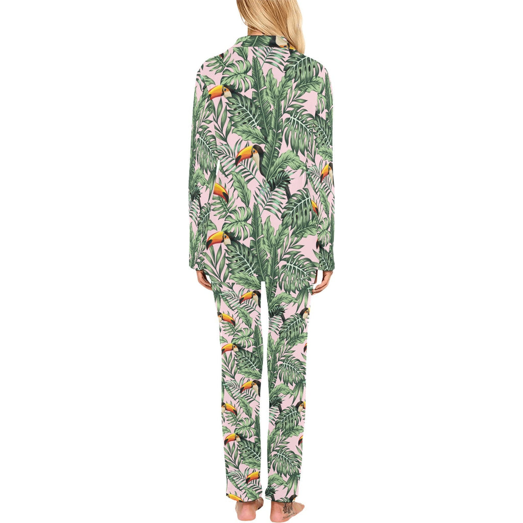Toucan tropical green jungle palm pattern Women's Long Pajama Set