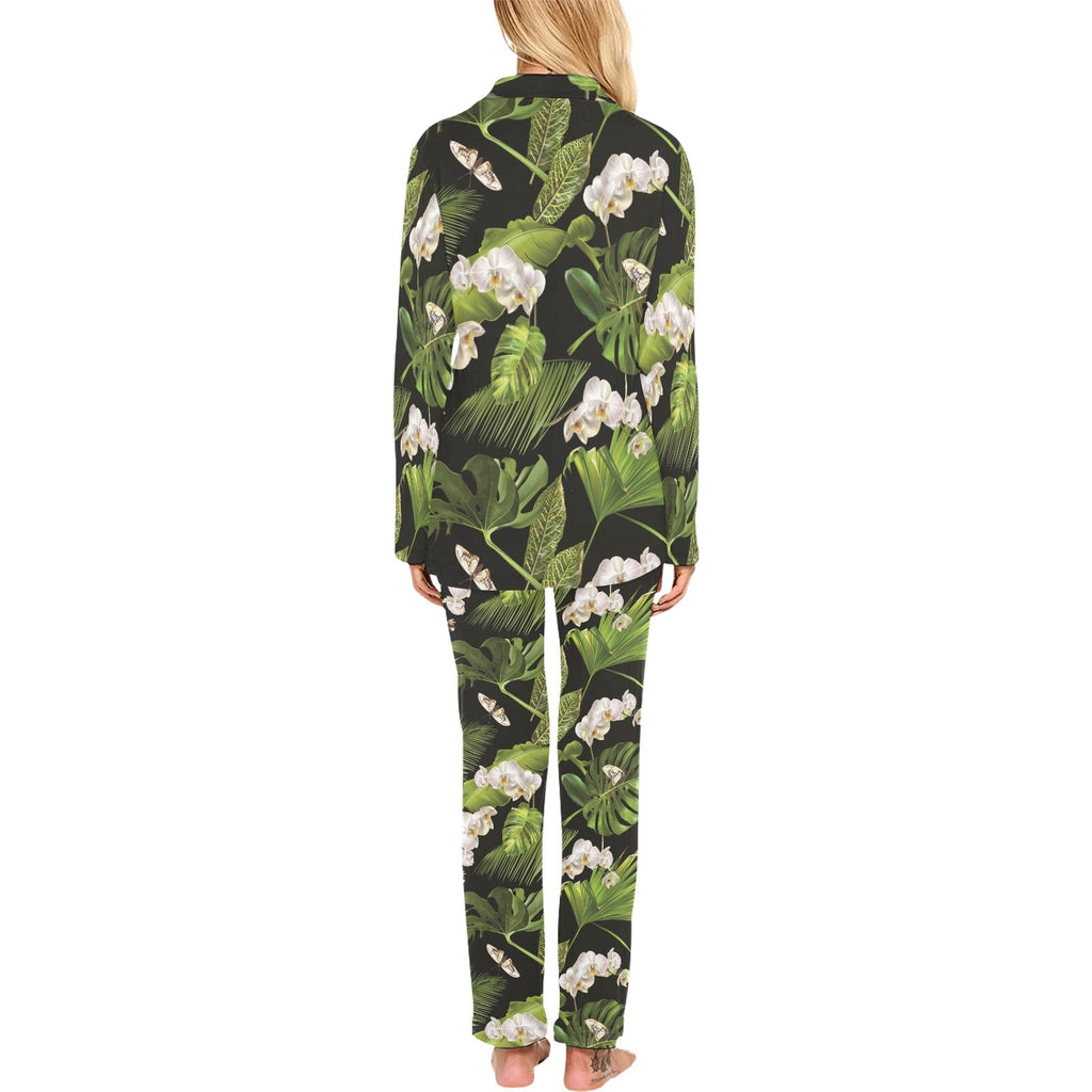White orchid flower tropical leaves pattern blackg Women's Long Pajama Set