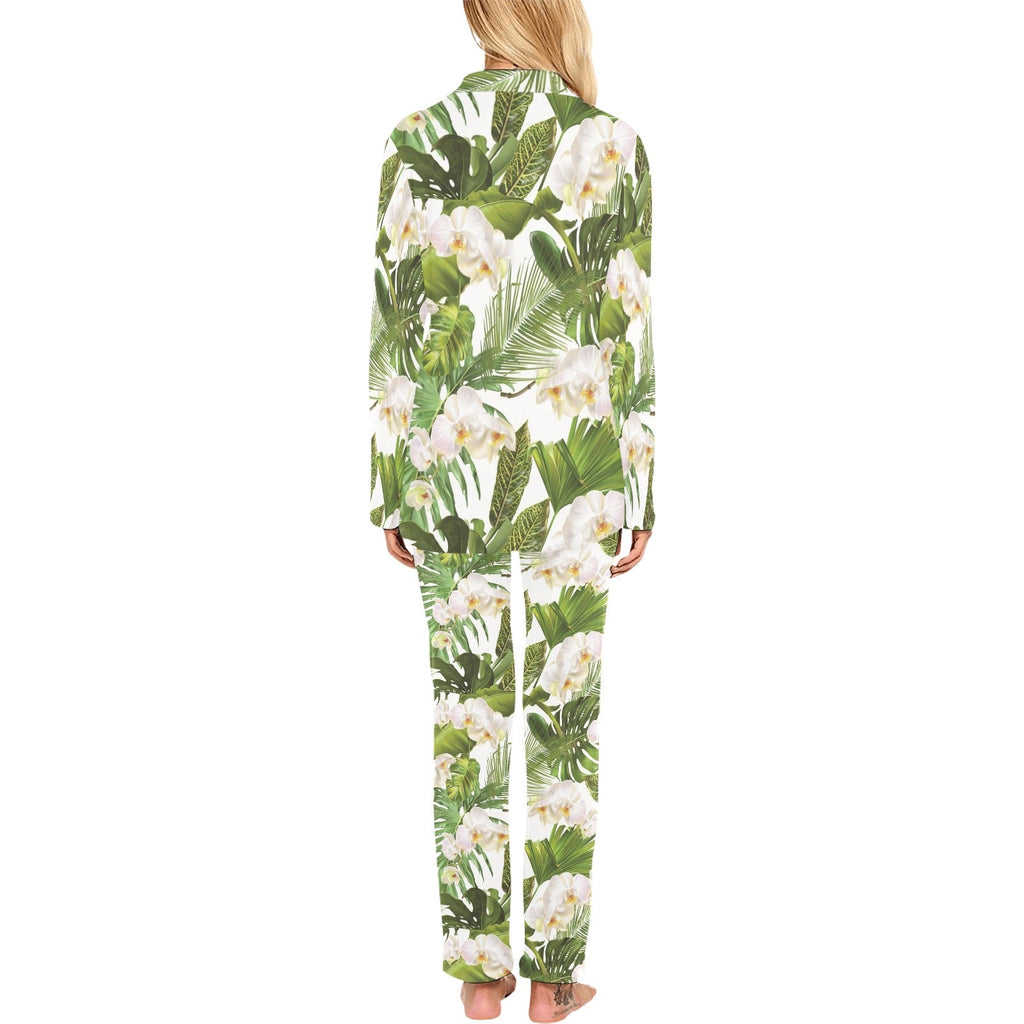 White orchid flower tropical leaves pattern Women's Long Pajama Set