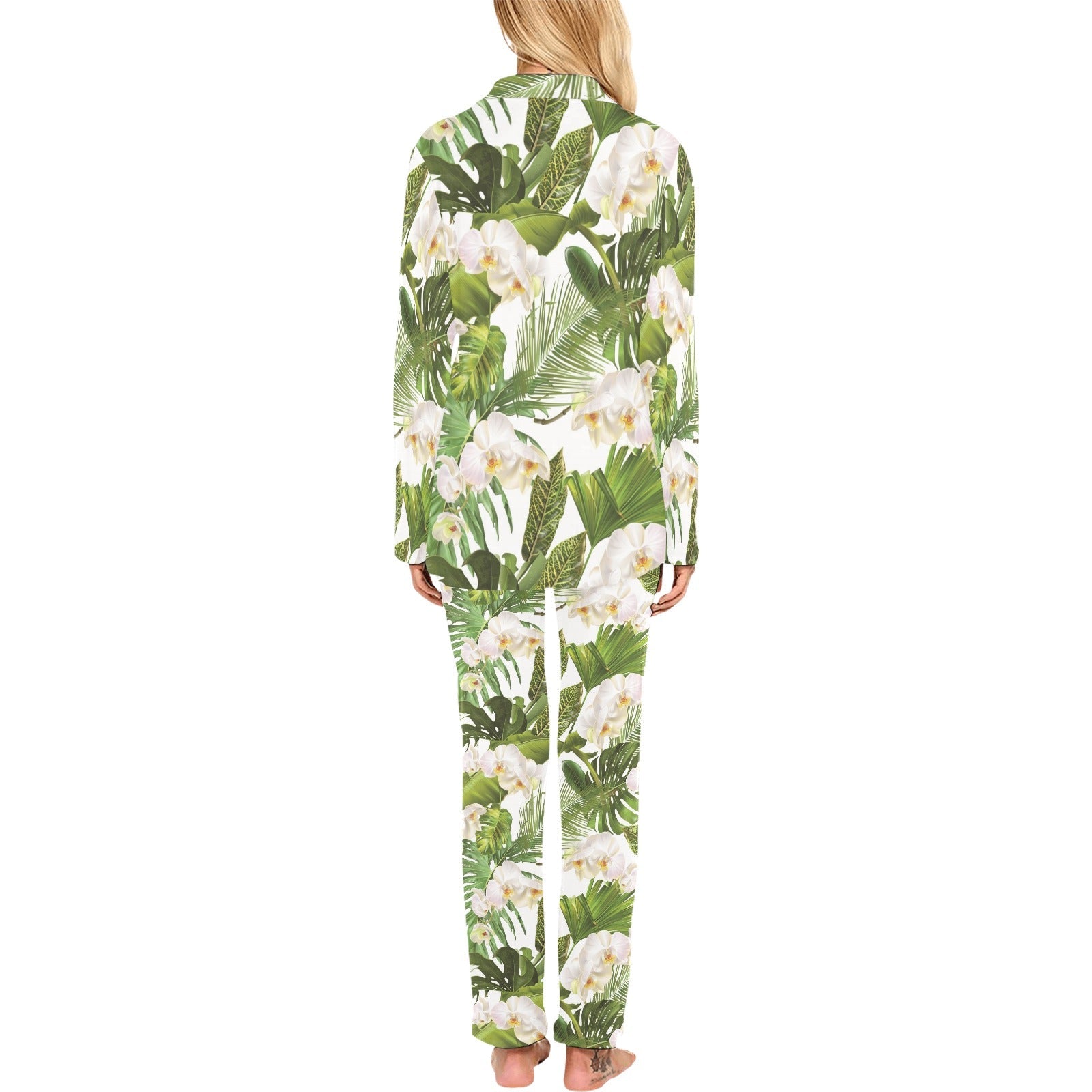 White orchid flower tropical leaves pattern Women's Long Pajama Set