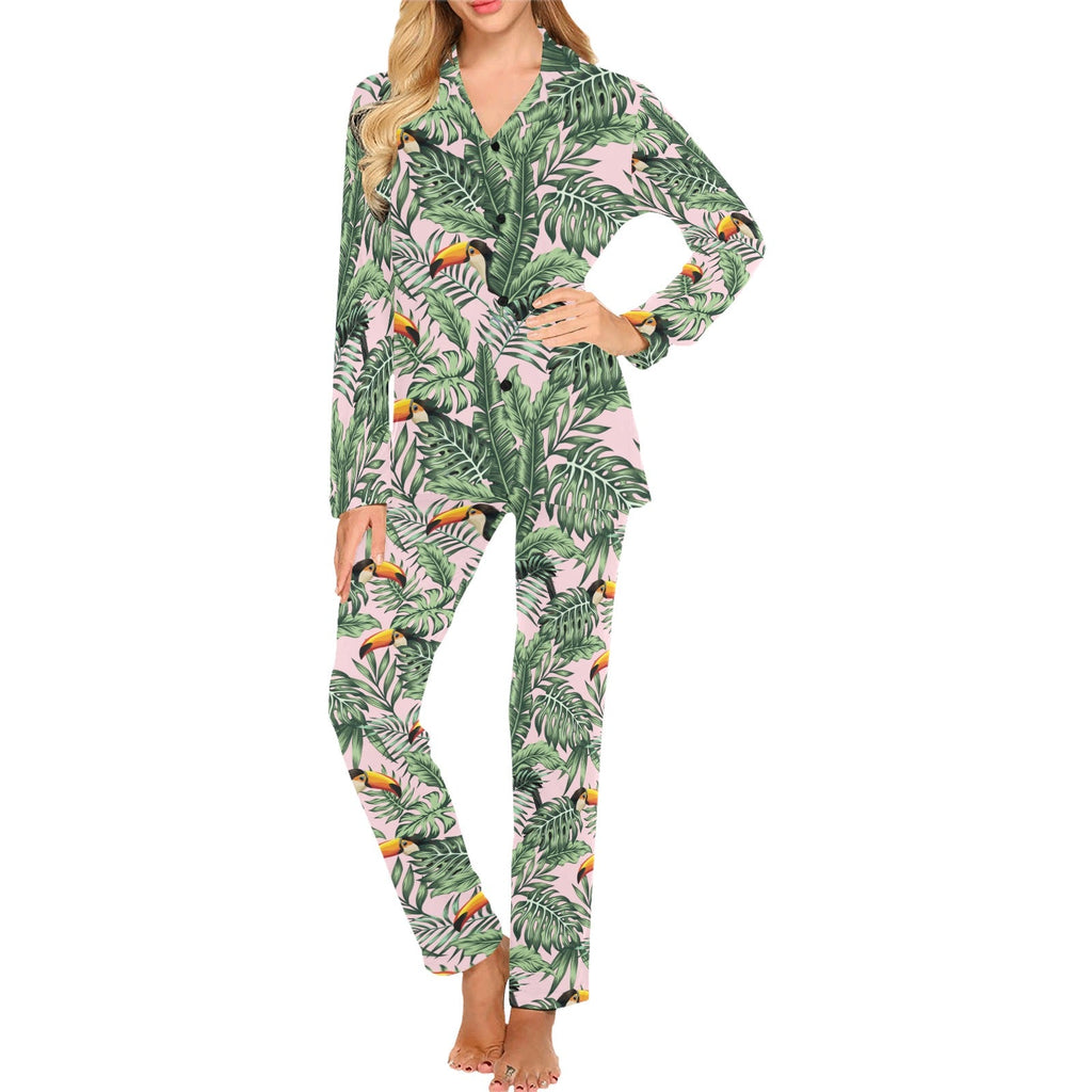Toucan tropical green jungle palm pattern Women's Long Pajama Set