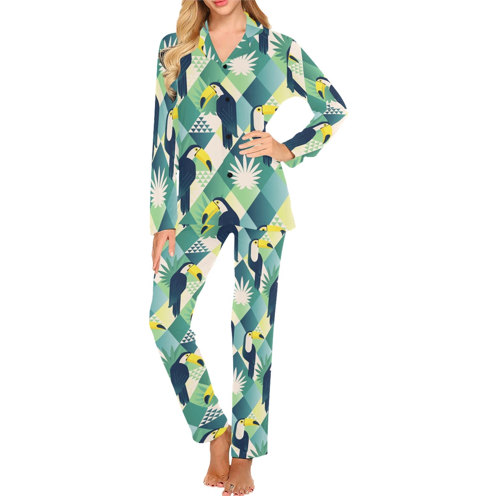 Toucan tropical leaves design pattern Women's Long Pajama Set