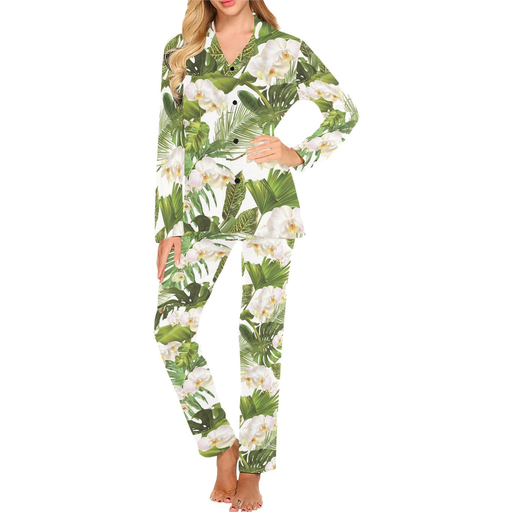 White orchid flower tropical leaves pattern Women's Long Pajama Set