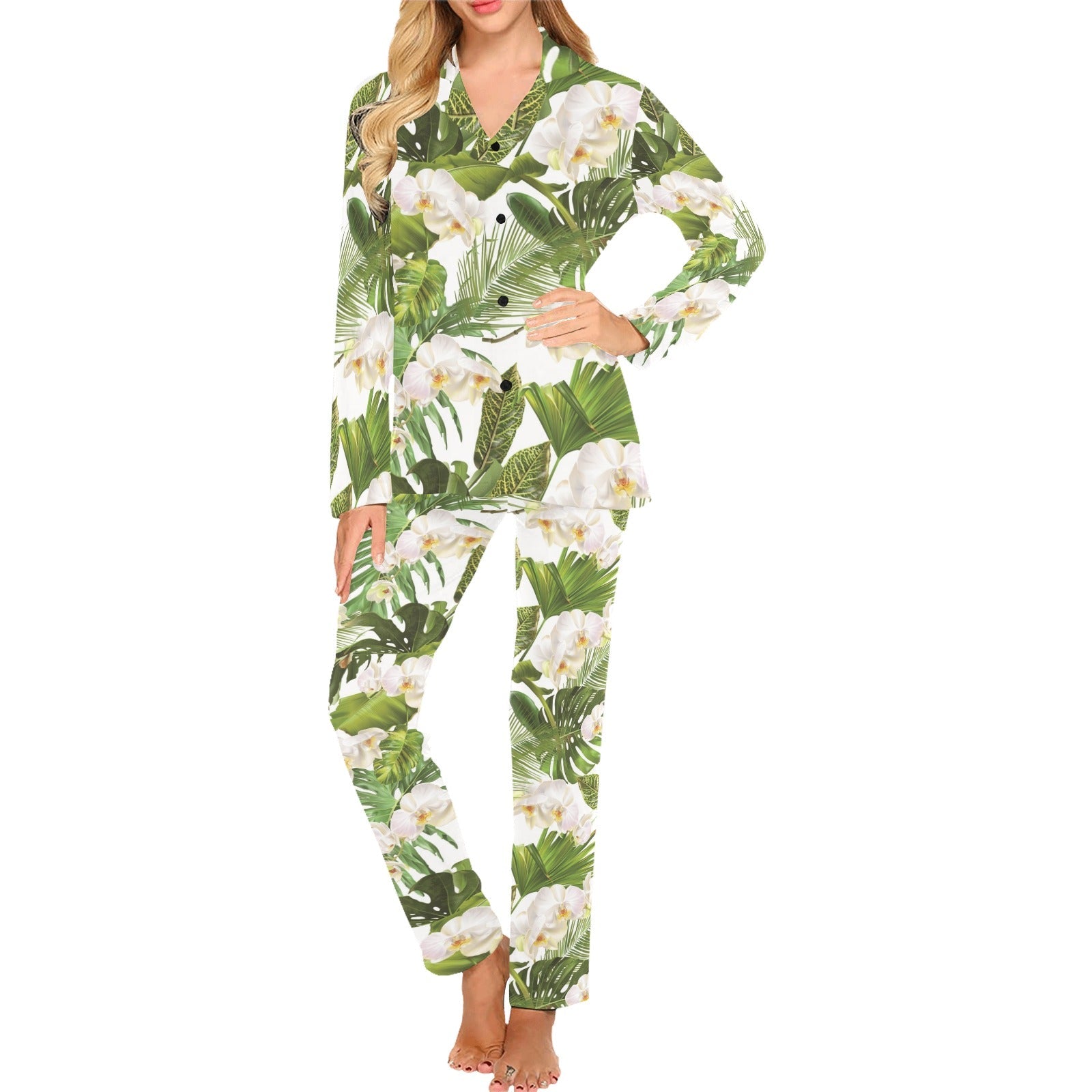 White orchid flower tropical leaves pattern Women's Long Pajama Set