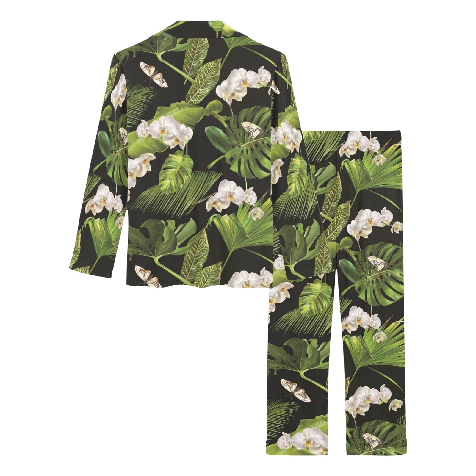 White orchid flower tropical leaves pattern blackg Women's Long Pajama Set